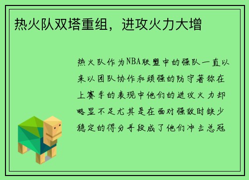 热火队双塔重组，进攻火力大增